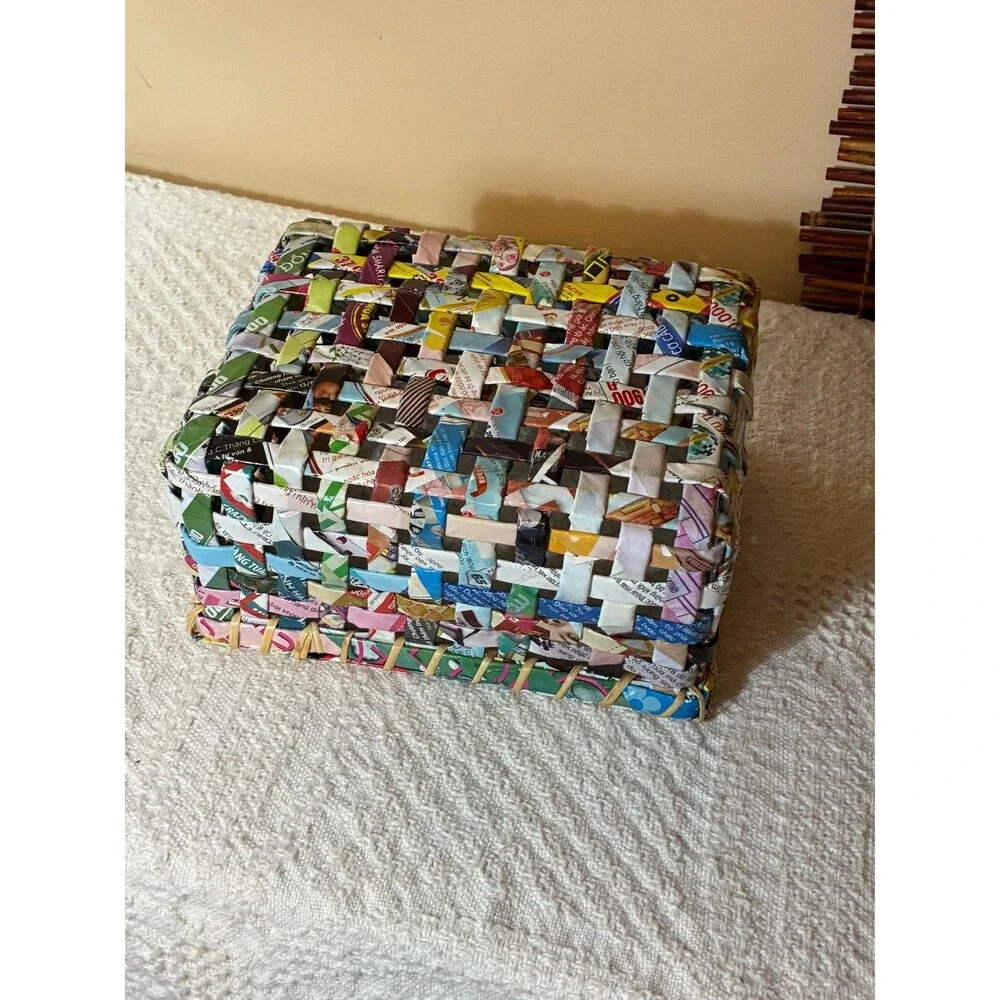 Handwoven Recycled Magazine Paper Basket Colorful Woven Storage Bin Eco Friendly